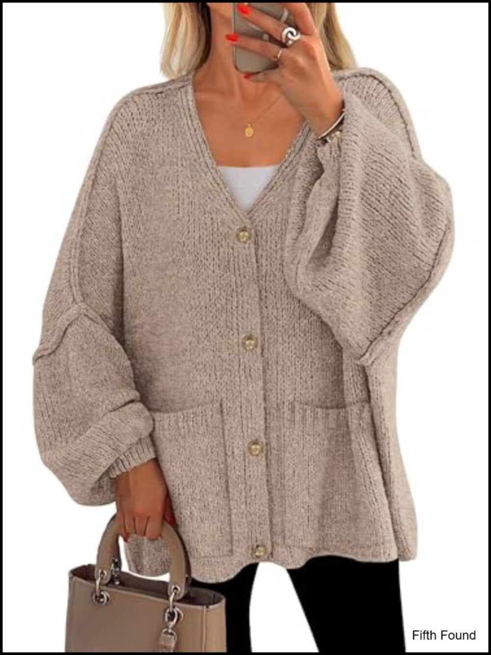 Oversized Chunky Cardigan Sweater Button Down V Neck Lantern Sleeve